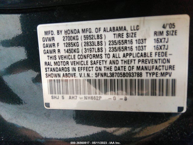 2005 HONDA ODYSSEY EX-L VIN: 5FNRL38705B093788