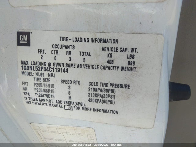 2004 OLDSMOBILE ALERO GL1 VIN: 1G3NL52F34C119144
