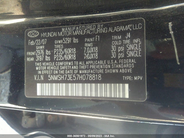 2007 HYUNDAI SANTA FE SE/LIMITED VIN: 5NMSH73E57H078818