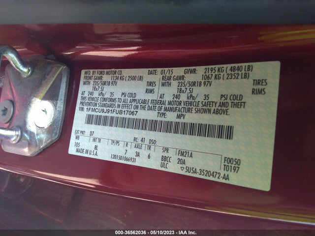 1FMCU9J91FUB17067 Ford Escape Titanium