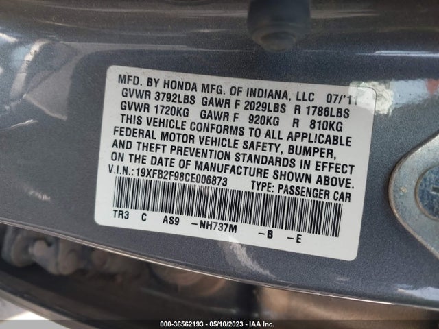 2012 HONDA CIVIC SDN EX-L VIN: 19XFB2F98CE006873