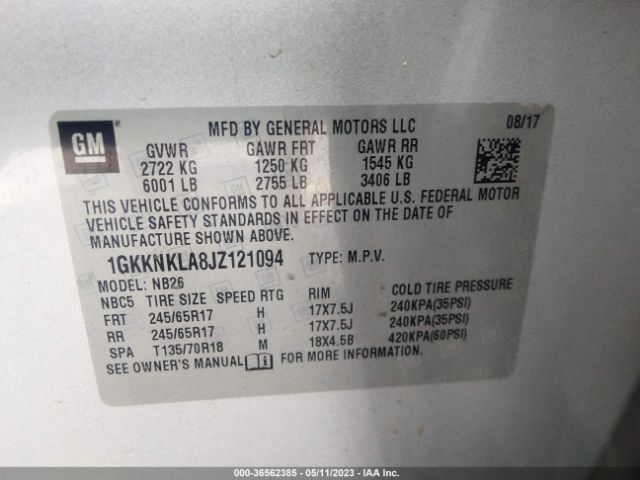 1GKKNKLA8JZ121094 GMC ACADIA SLE
