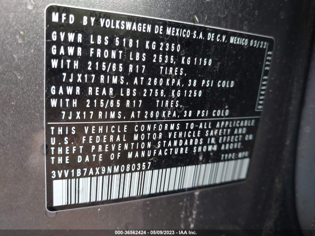 3VV1B7AX9NM080357 Volkswagen TIGUAN S