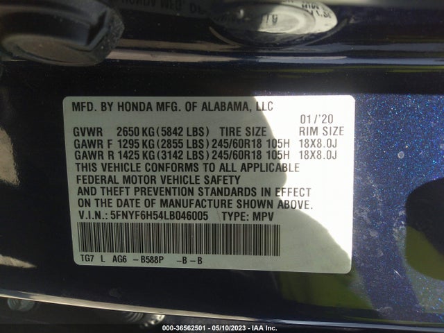 2020 HONDA PILOT EX-L VIN: 5FNYF6H54LB046005