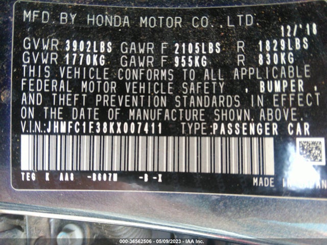 Honda Civic Sedan Ex 2019 JHMFC1F38KX007411 Image 10