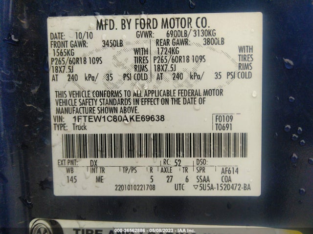 2010 FORD F-150 XL/XLT/FX2 SPORT VIN: 1FTEW1C80AKE69638