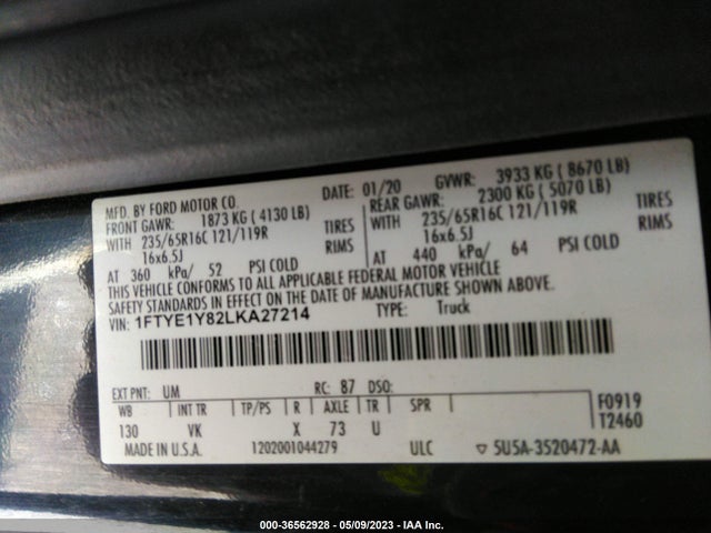 Ford TRANSIT CARGO VAN 2020 1FTYE1Y82LKA27214 Image 11