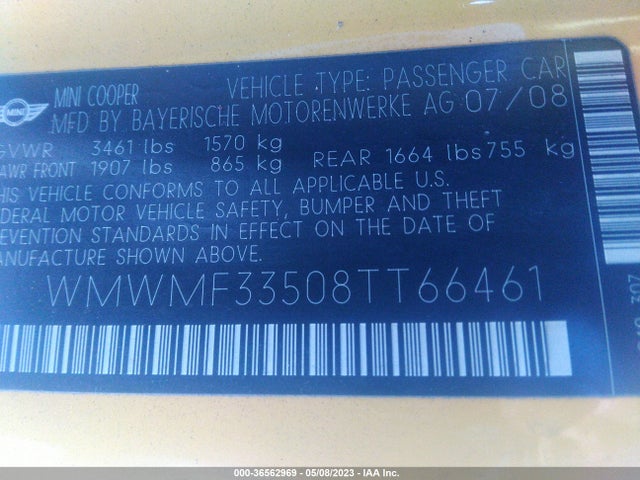 2008 MINI COOPER HARDTOP VIN: WMWMF33508TT66461
