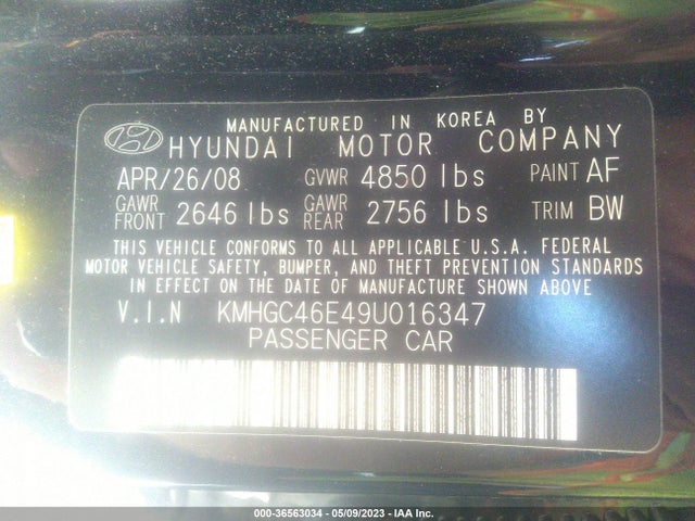 2009 HYUNDAI GENESIS VIN: KMHGC46E49U016347
