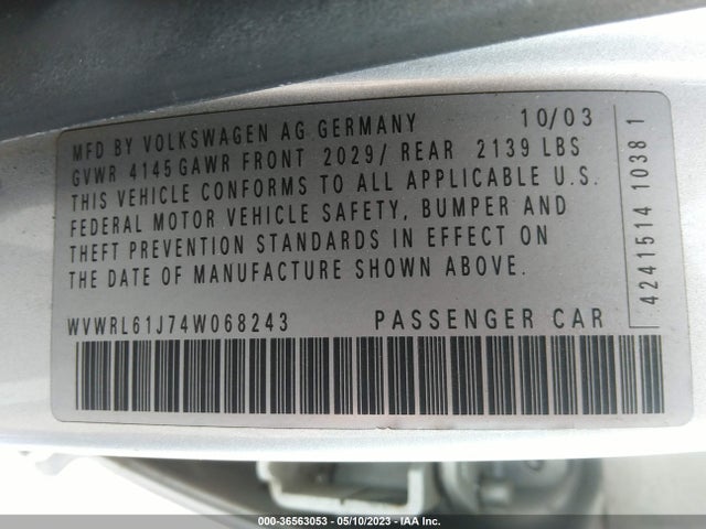 2004 VOLKSWAGEN JETTA WAGON GL VIN: WVWRL61J74W068243