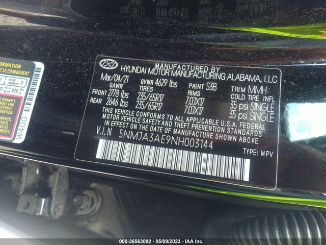 2022 HYUNDAI TUCSON SE VIN: 5NMJA3AE9NH003144
