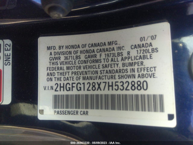 2007 HONDA CIVIC CPE EX VIN: 2HGFG128X7H532880