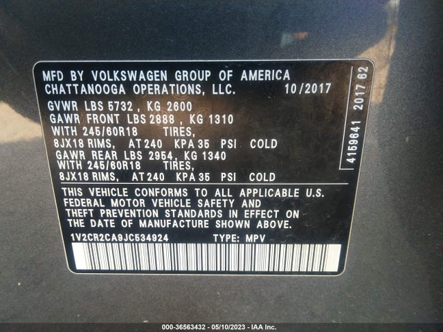1V2CR2CA9JC534924 Volkswagen Atlas 3.6l V6 Se