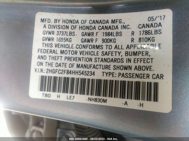2017 HONDA CIVIC SEDAN EX VIN: 2HGFC2F84HH545234