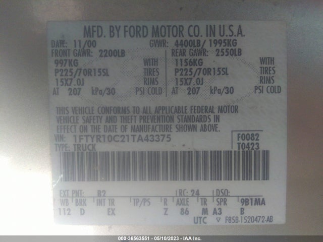 2001 FORD RANGER XL/XL FLEET/XLT VIN: 1FTYR10C21TA43375