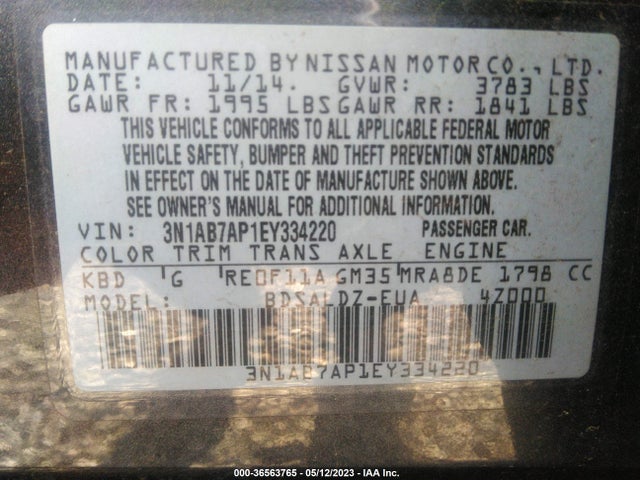 2014 NISSAN SENTRA SV VIN: 3N1AB7AP1EY334220