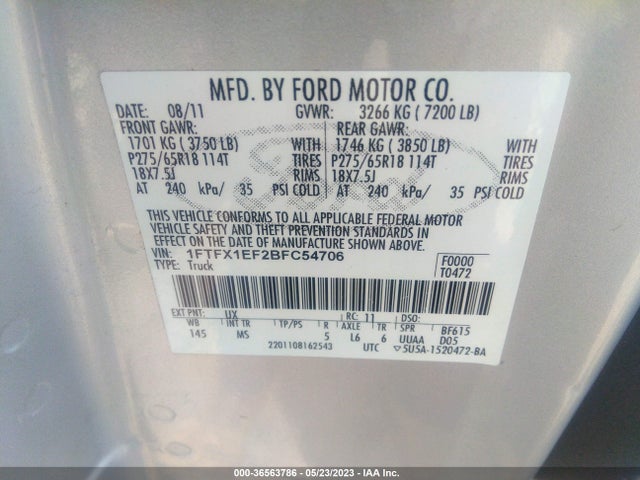 2011 FORD F-150 XL/STX/XLT/FX4/LARIAT VIN: 1FTFX1EF2BFC54706