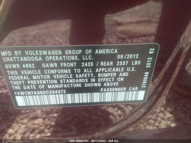 2013 VOLKSWAGEN PASSAT TDI SEL PREMIUM VIN: 1VWCN7A35DC034372