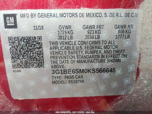 2019 CHEVROLET CRUZE LT VIN: 3G1BE6SM0KS566645