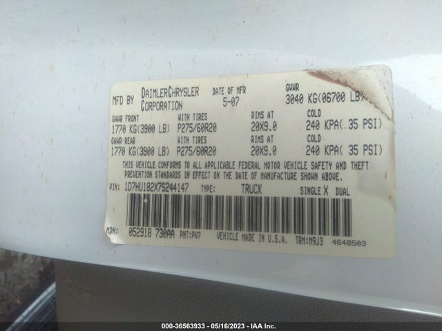 2007 DODGE RAM 1500 SLT VIN: 1D7HU182X7S244147