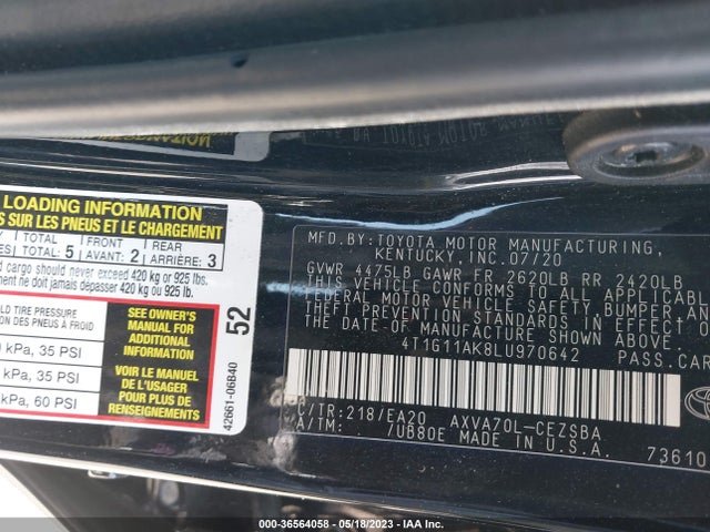 2020 TOYOTA CAMRY SE VIN: 4T1G11AK8LU970642