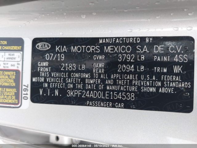 3KPF24AD0LE154538 KIA Forte Lxs