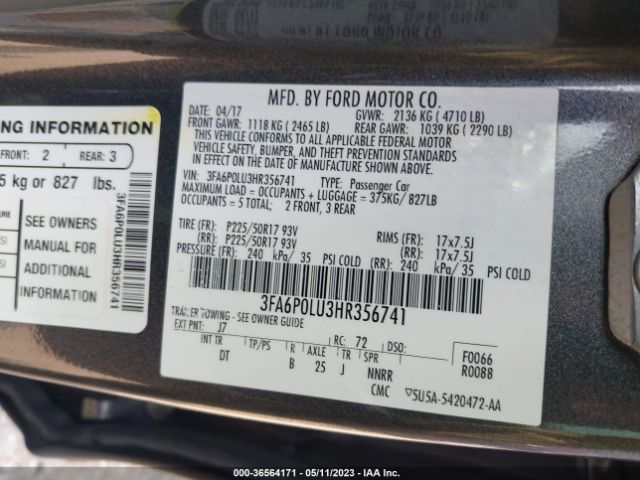 3FA6P0LU3HR356741 Ford Fusion Hybrid Se