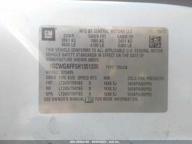 2017 CHEVROLET EXPRESS CARGO VAN VIN: 1GCWGAFF5H1351306