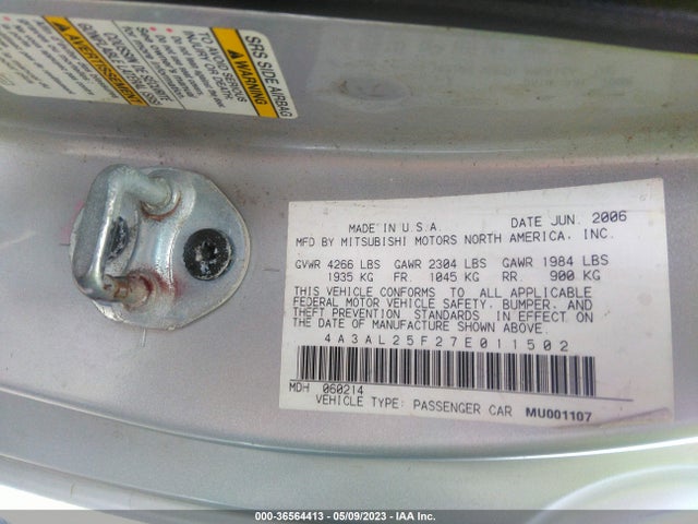 2007 MITSUBISHI ECLIPSE GS VIN: 4A3AL25F27E011502