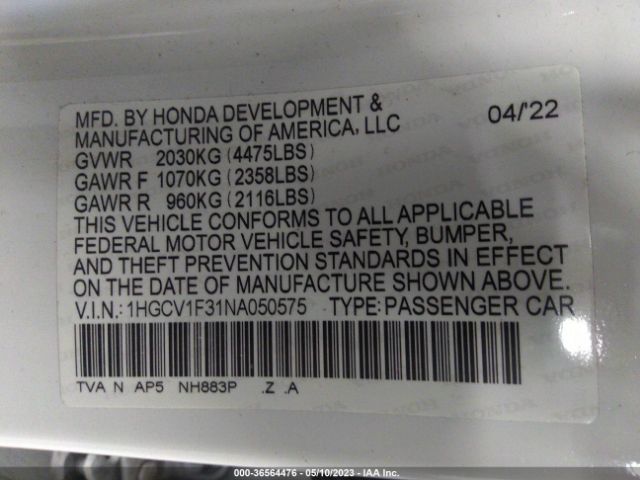 1HGCV1F31NA050575 Honda Accord Sport