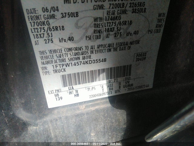 2004 FORD F-150 LARIAT VIN: 1FTPW14574KD35548