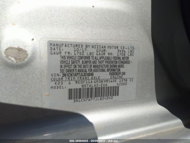 3N1CN7AP7JL824040 Nissan Versa Sedan S Plus