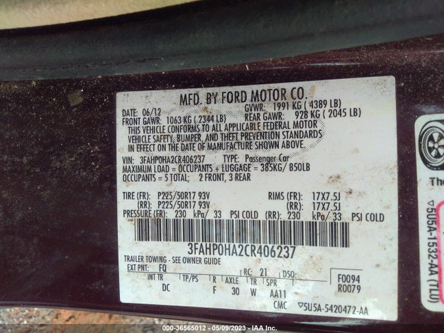 36565012 :رقم المزاد ، 3FAHP0HA2CR406237 vin ، 2012 Ford Fusion Se مزاد بيع