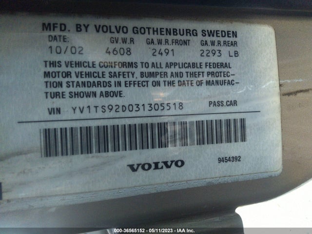 2003 VOLVO S80 2.9L VIN: YV1TS92D031305518