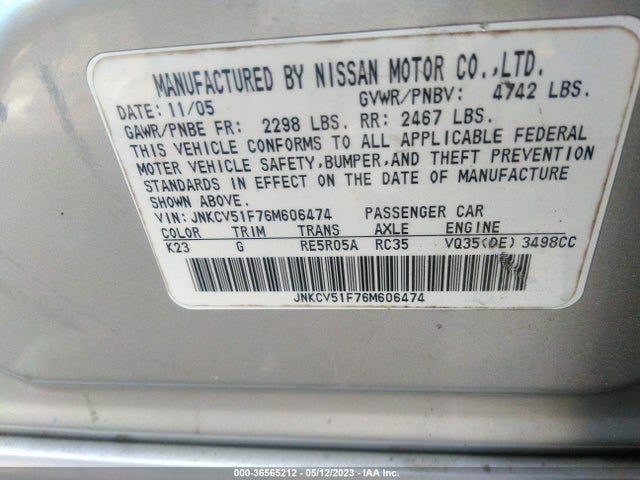 2006 INFINITI G35 SEDAN VIN: JNKCV51F76M606474