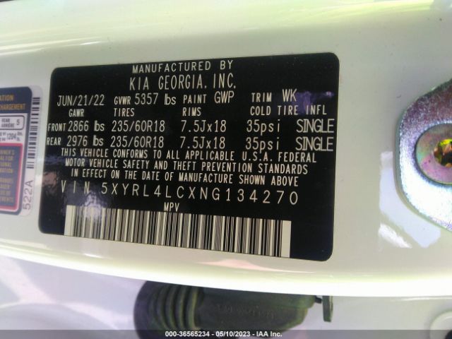 5XYRL4LCXNG134270 KIA SORENTO S