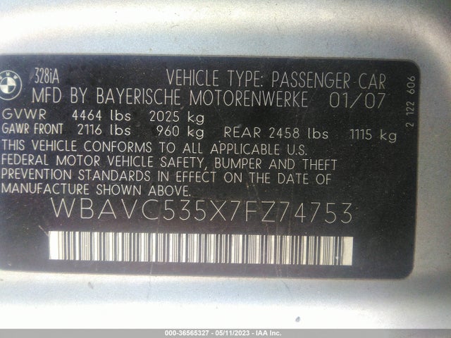 2007 BMW 3 SERIES 328I VIN: WBAVC535X7FZ74753