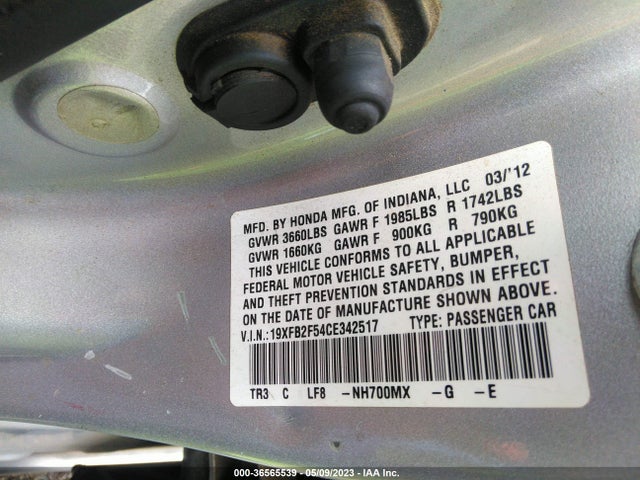 2012 HONDA CIVIC SDN LX VIN: 19XFB2F54CE342517