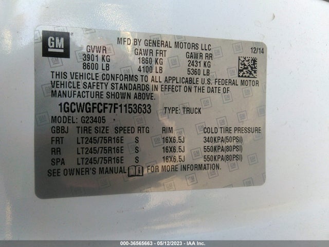 Chevrolet EXPRESS CARGO VAN 2015 1GCWGFCF7F1153633 Image 10