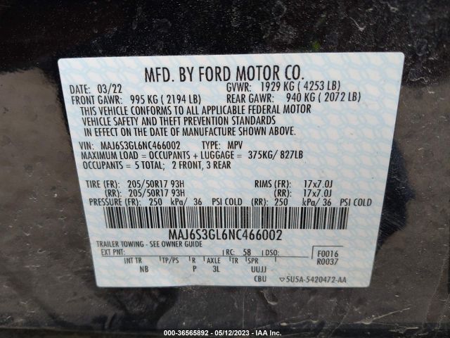 MAJ6S3GL6NC466002 Ford Ecosport Se