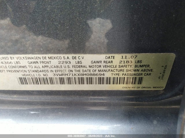 2008 VOLKSWAGEN JETTA SEDAN SE/SEL VIN: 3VWRM71KX8M088694