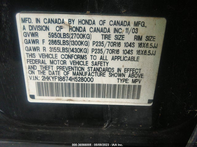 2004 HONDA PILOT EX VIN: 2HKYF18674H528000