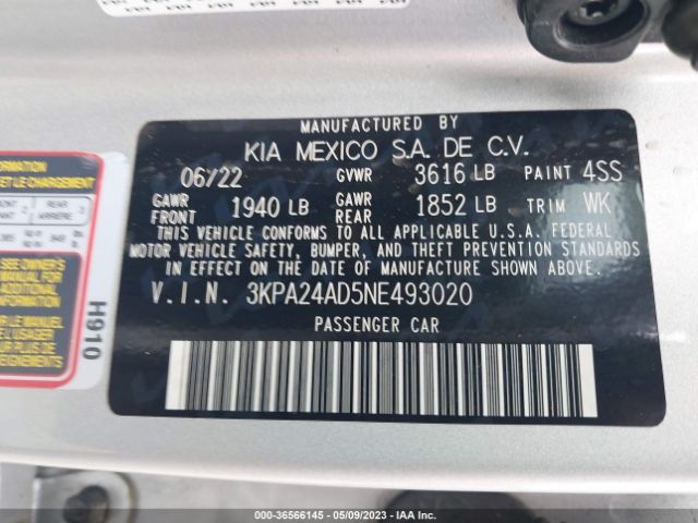 3KPA24AD5NE493020 KIA RIO S