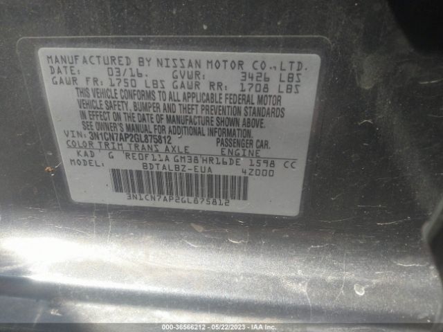 3N1CN7AP2GL875812 Nissan Versa S/s Plus/sl/sv