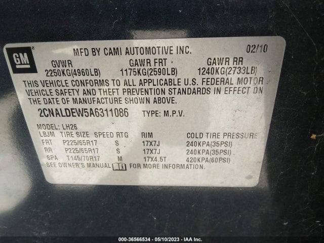 2010 CHEVROLET EQUINOX LT W/1LT VIN: 2CNALDEW5A6311086