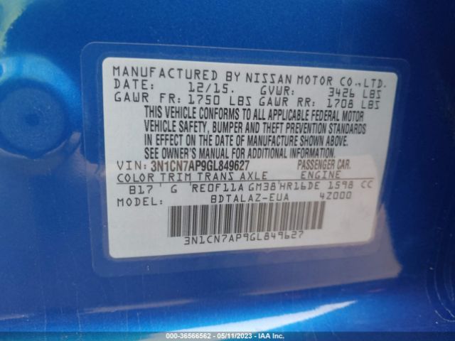 3N1CN7AP9GL849627 Nissan Versa S Plus