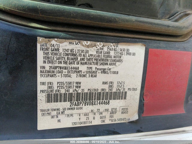 2011 FORD POLICE INTERCEPTOR VIN: 2FABP7BV0BX144468