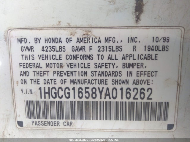 2000 HONDA ACCORD SDN EX W/LEATHER VIN: 1HGCG1658YA016262