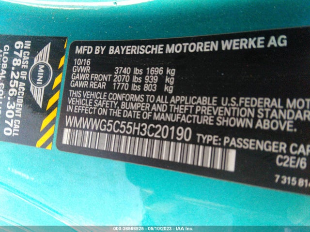 2017 MINI CONVERTIBLE COOPER VIN: WMWWG5C55H3C20190