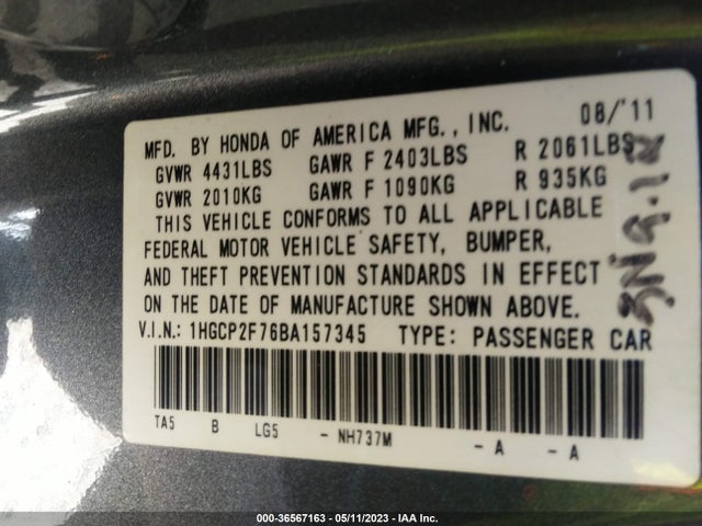 2011 HONDA ACCORD SDN EX VIN: 1HGCP2F76BA157345